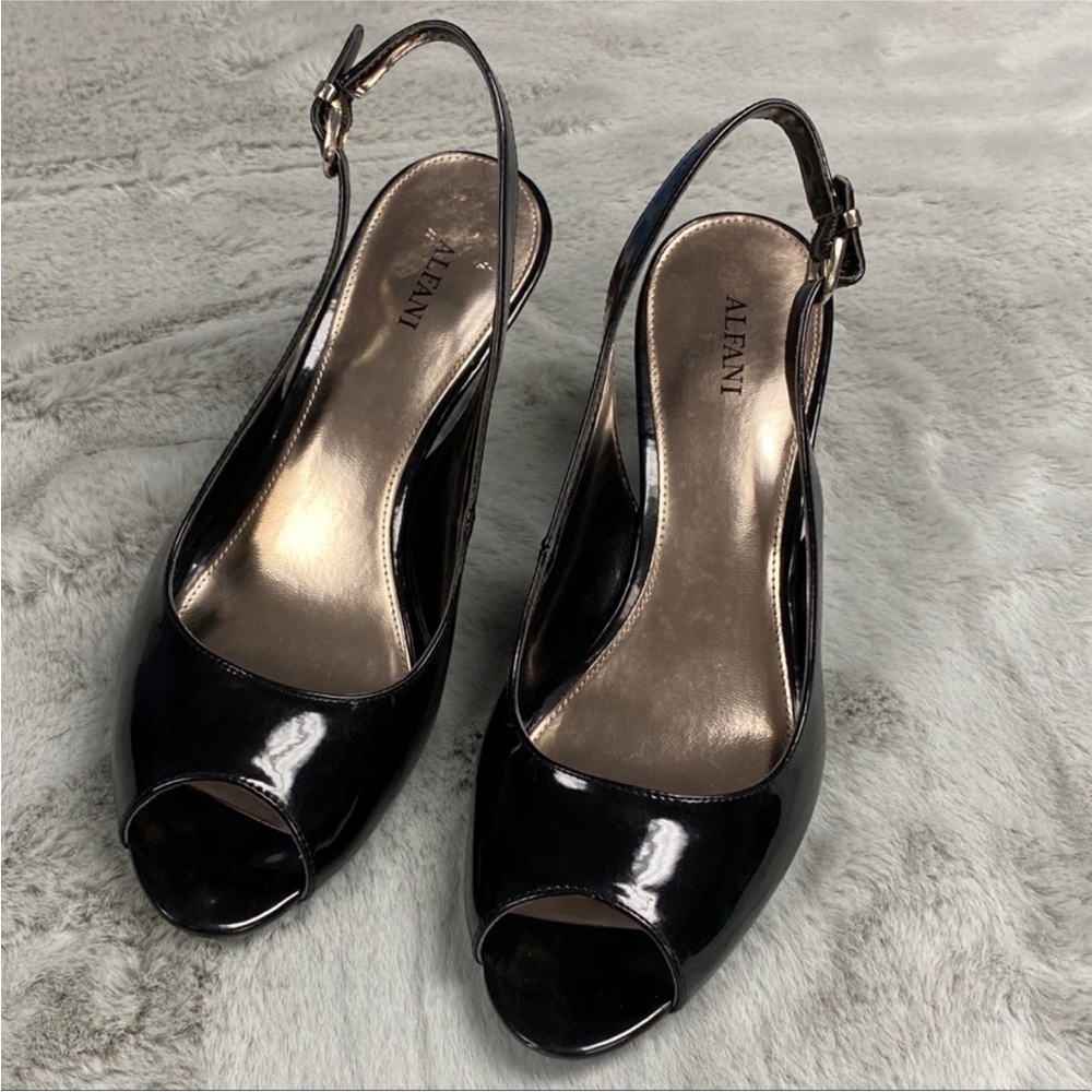 Alfani Alf Bess Black, Slingback, Peep Toe, Wedge Sandal. Women's Size 8M